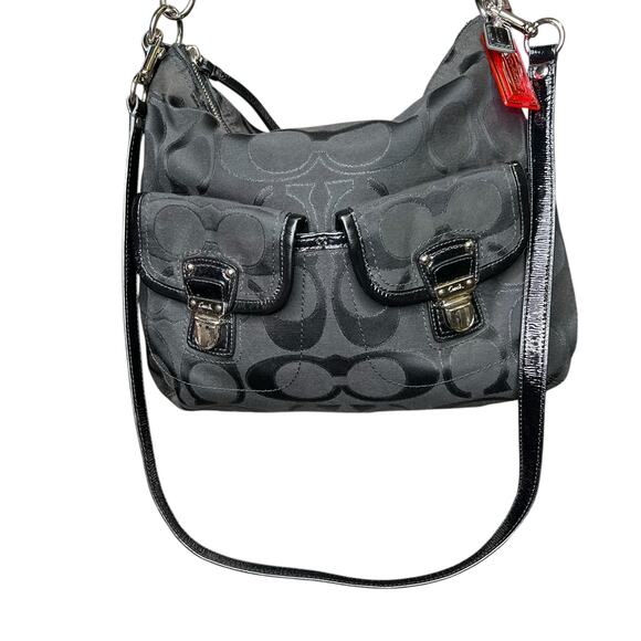 COACH Poppy Signature lurex Pocket Hobo Bag Black Gray Patent Leather 2 way - Picture 2 of 15